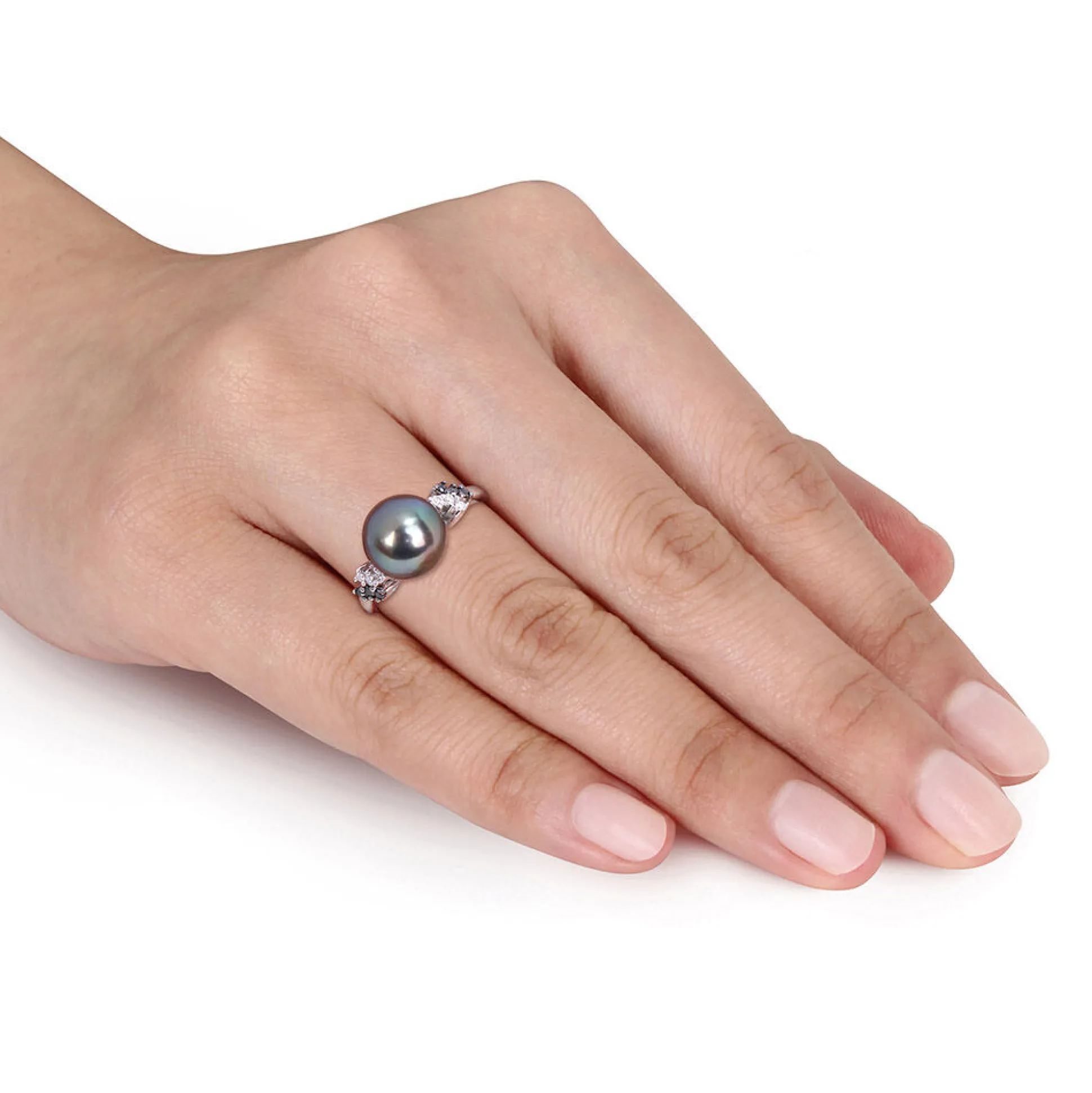 Black Tahitian Pearl & 1/8 Ct. Tw. Diamond Ring In 10K White Gold