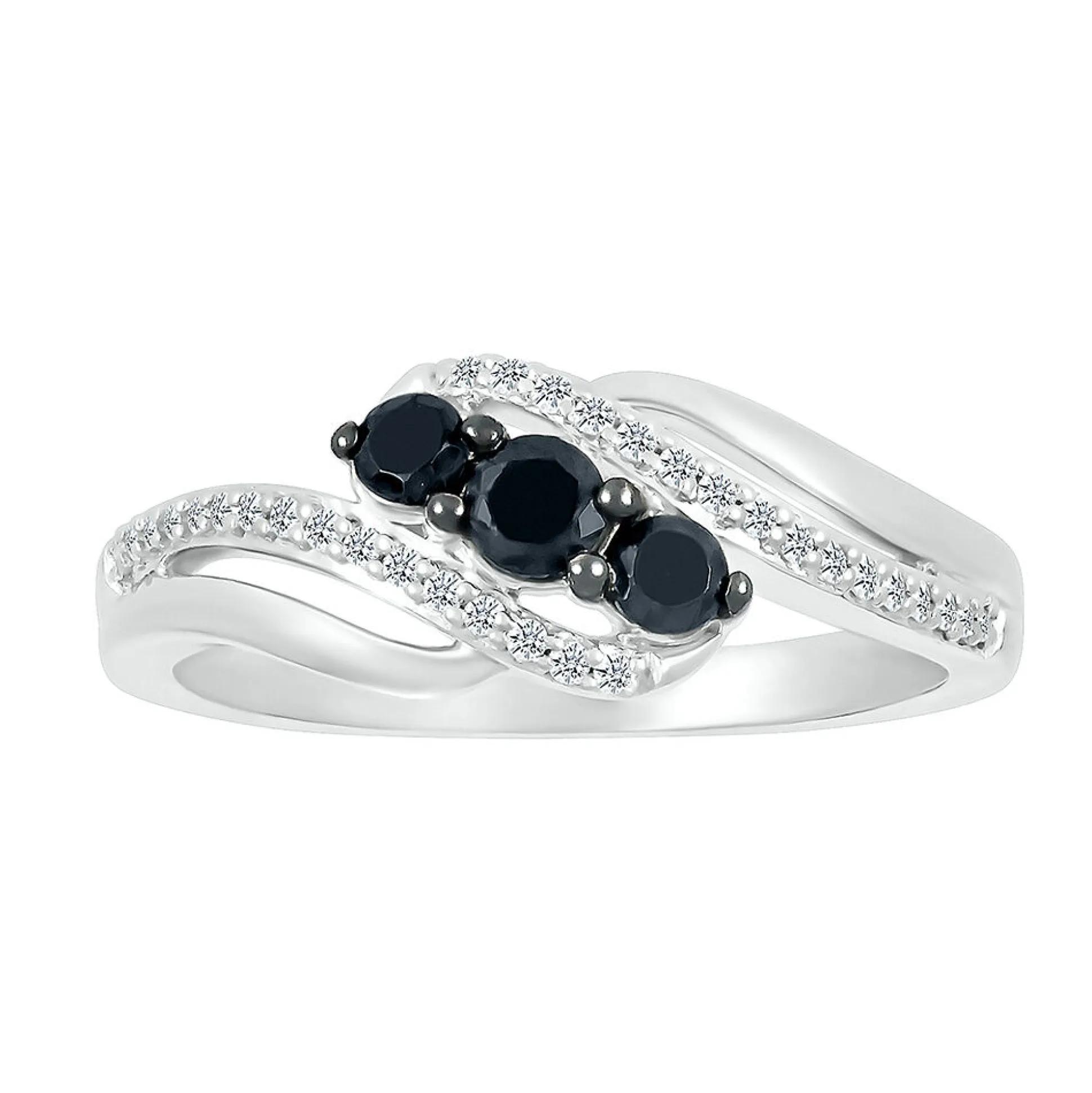 Bypass Diamond Ring With Black Three-Stone Design In Sterling Silver (3/8 Ct. Tw.)