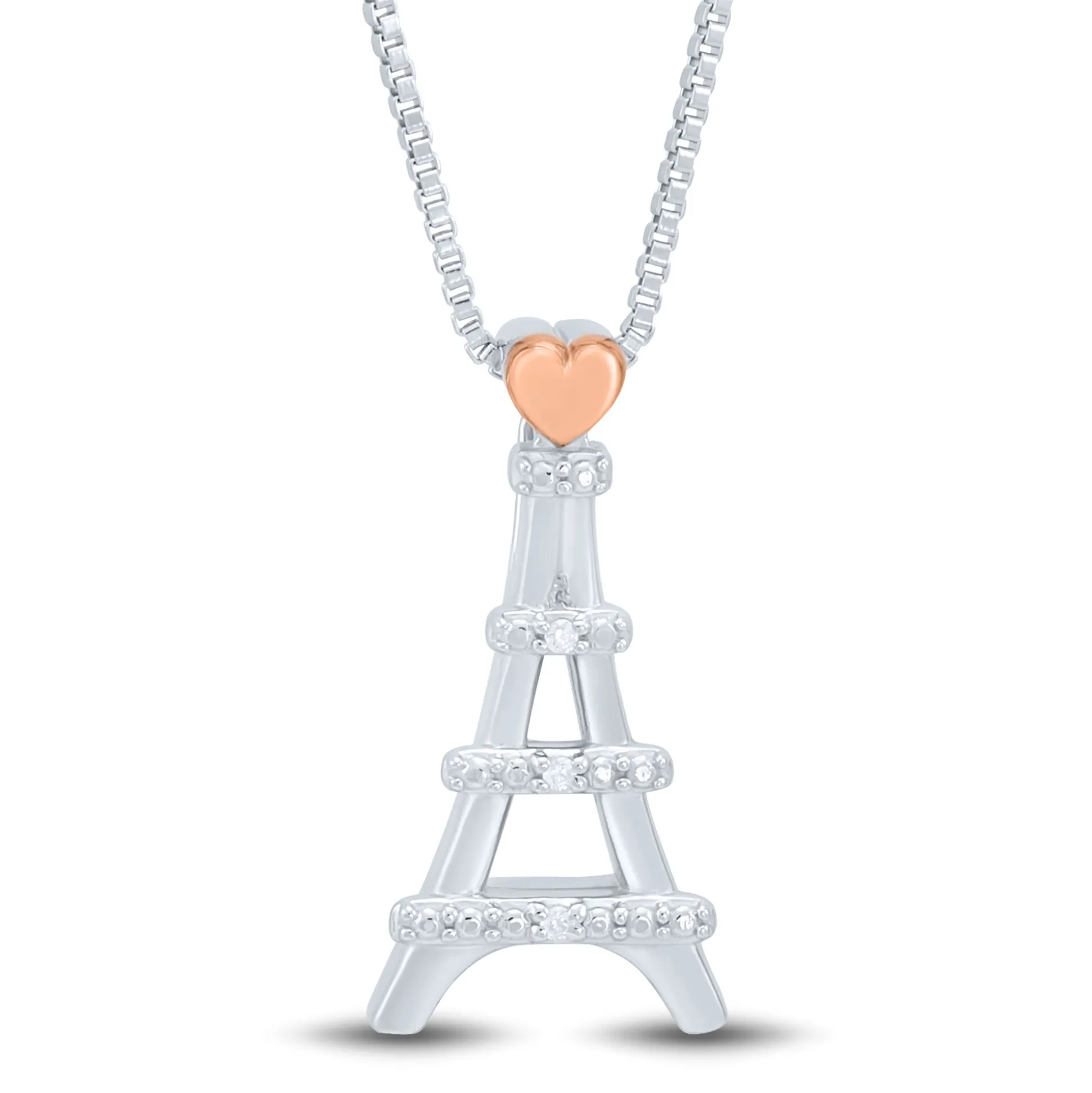 Diamond Accent Eiffel Tower Pendant In Sterling Silver And 14K Rose Gold