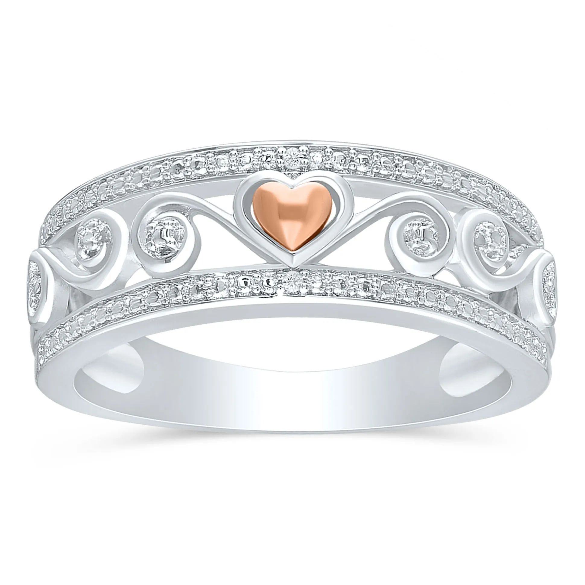 Diamond Accent Scroll Band In Sterling Silver And 14K Rose Gold