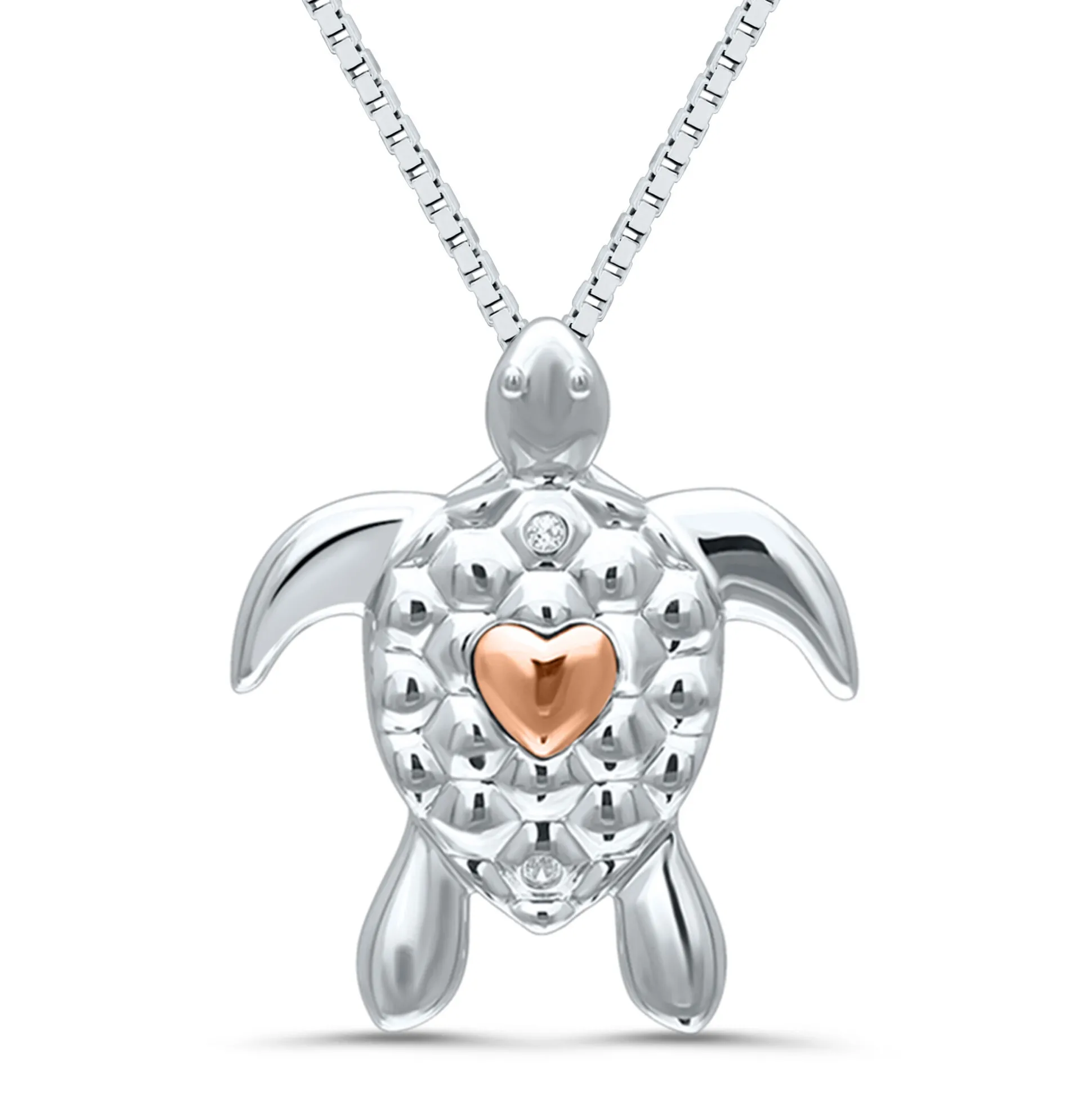Diamond Accent Sea Turtle Pendant In Sterling Silver And 14 Rose Gold