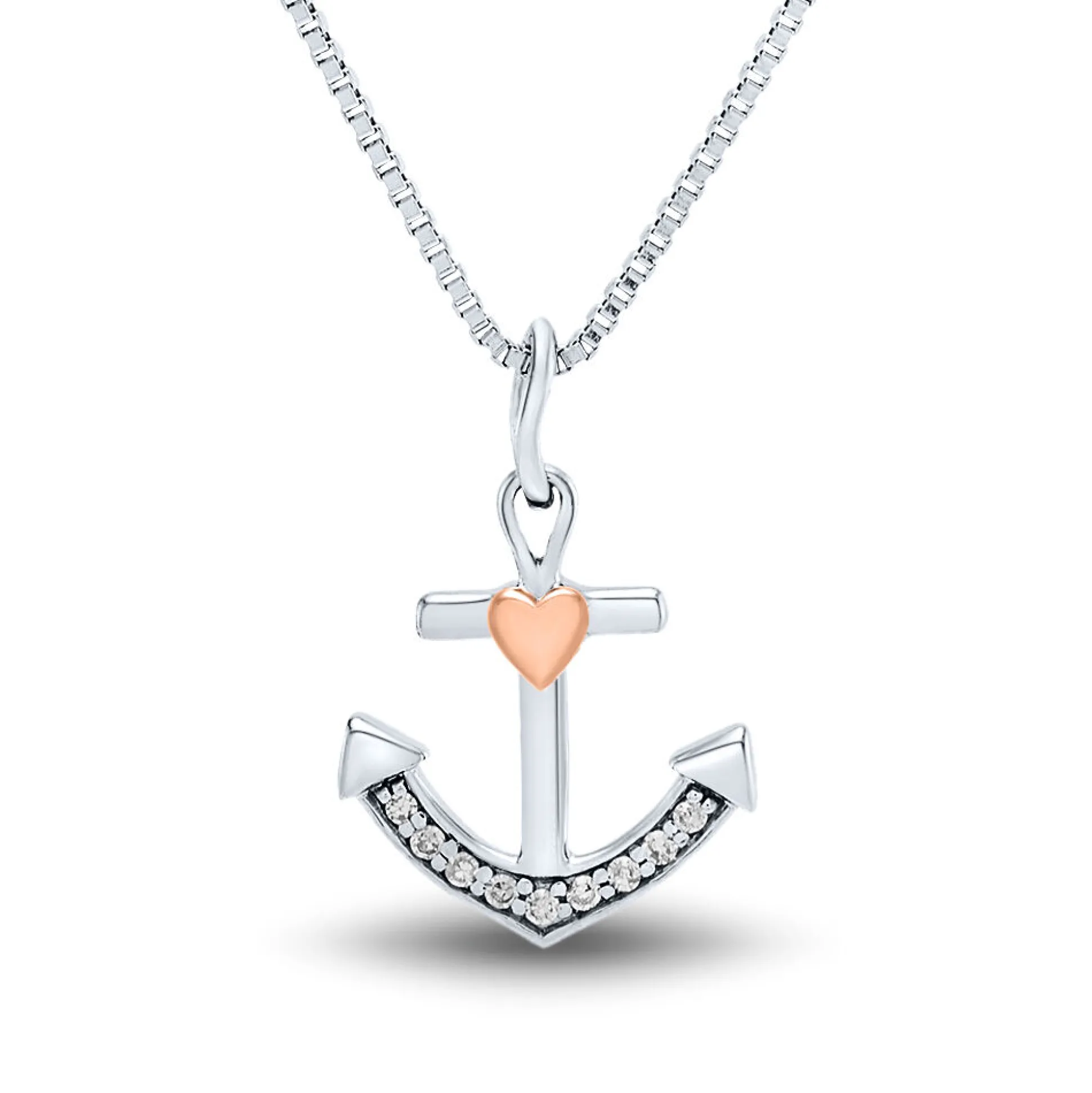 Diamond Anchor Pendant In Sterling Silver & 14K Rose Gold
