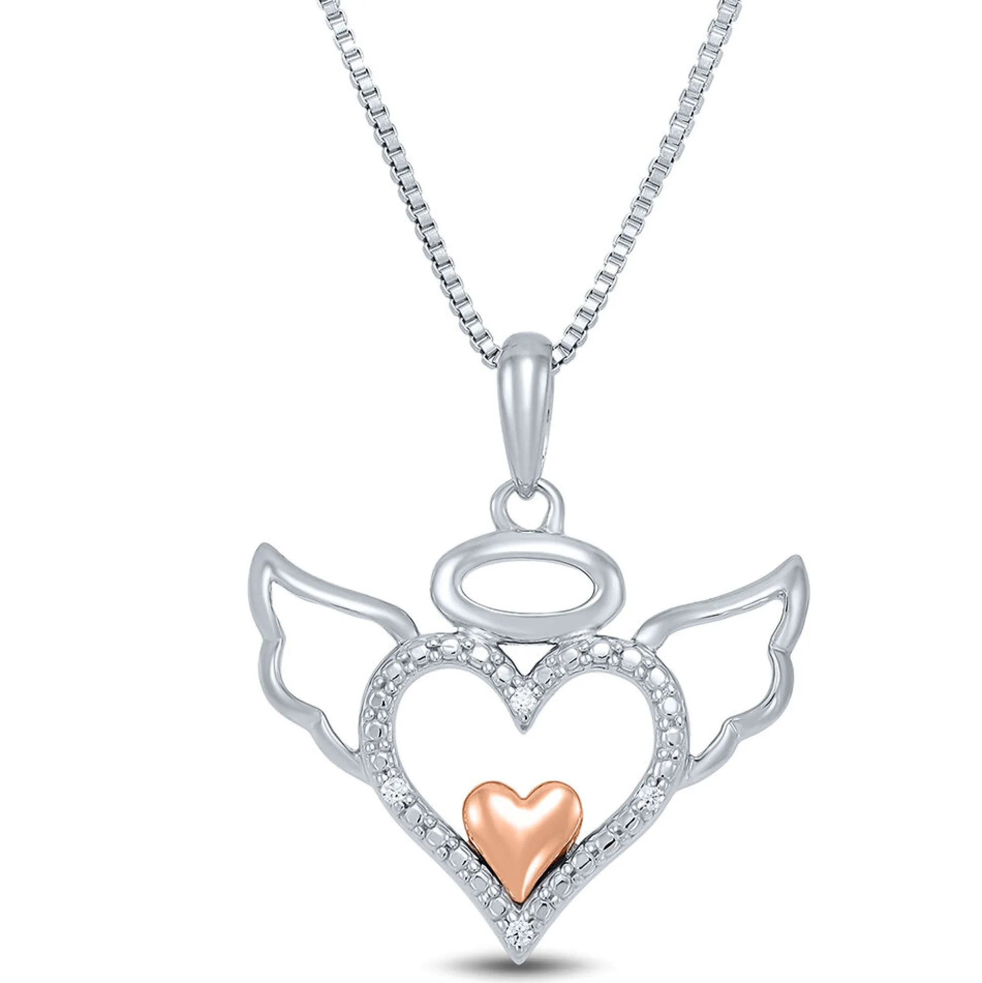 Diamond Angel Pendant With Heart In Sterling Silver & 14K Rose Gold