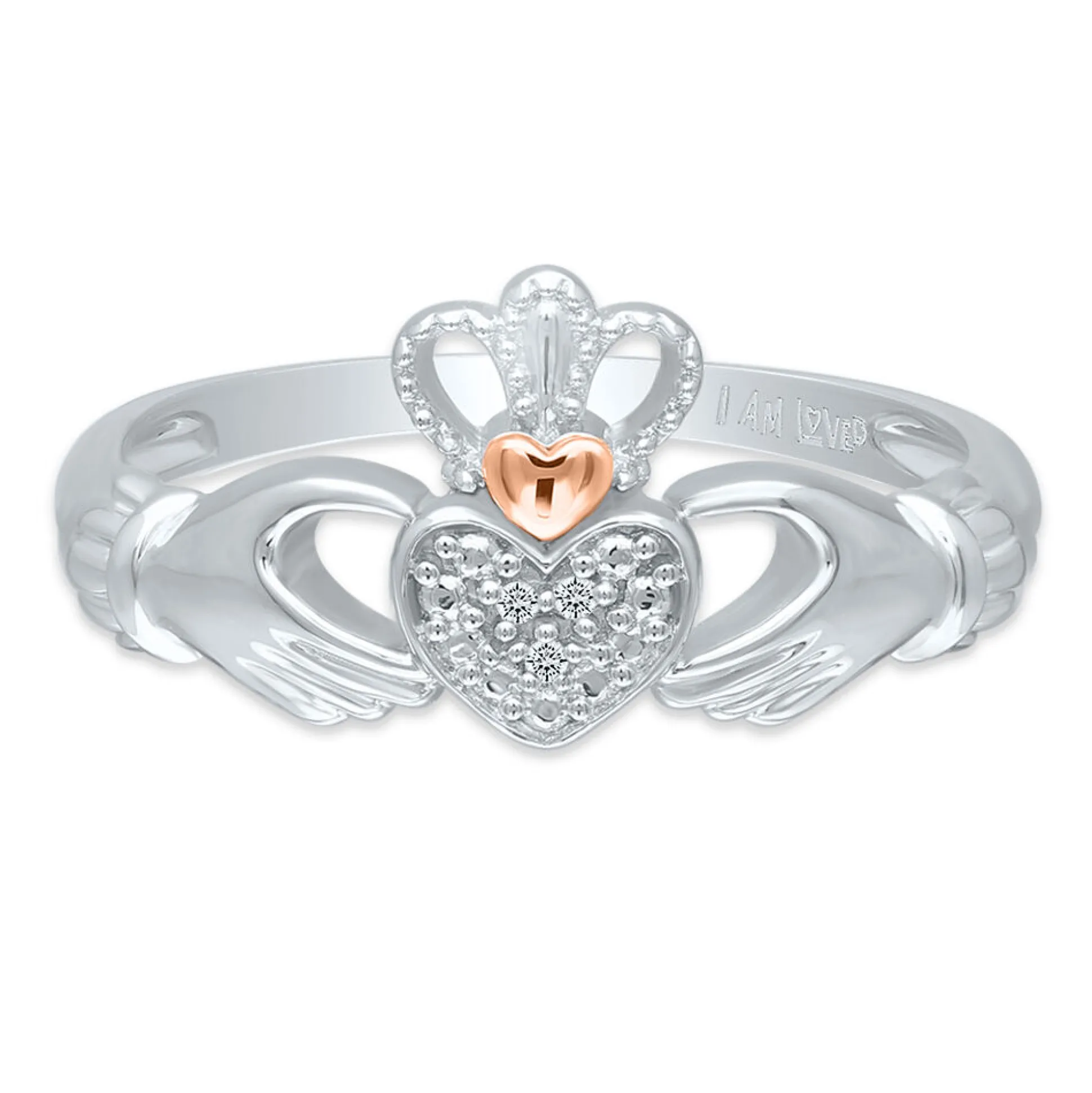 Diamond Claddagh Ring In Sterling Silver & 14K Rose Gold