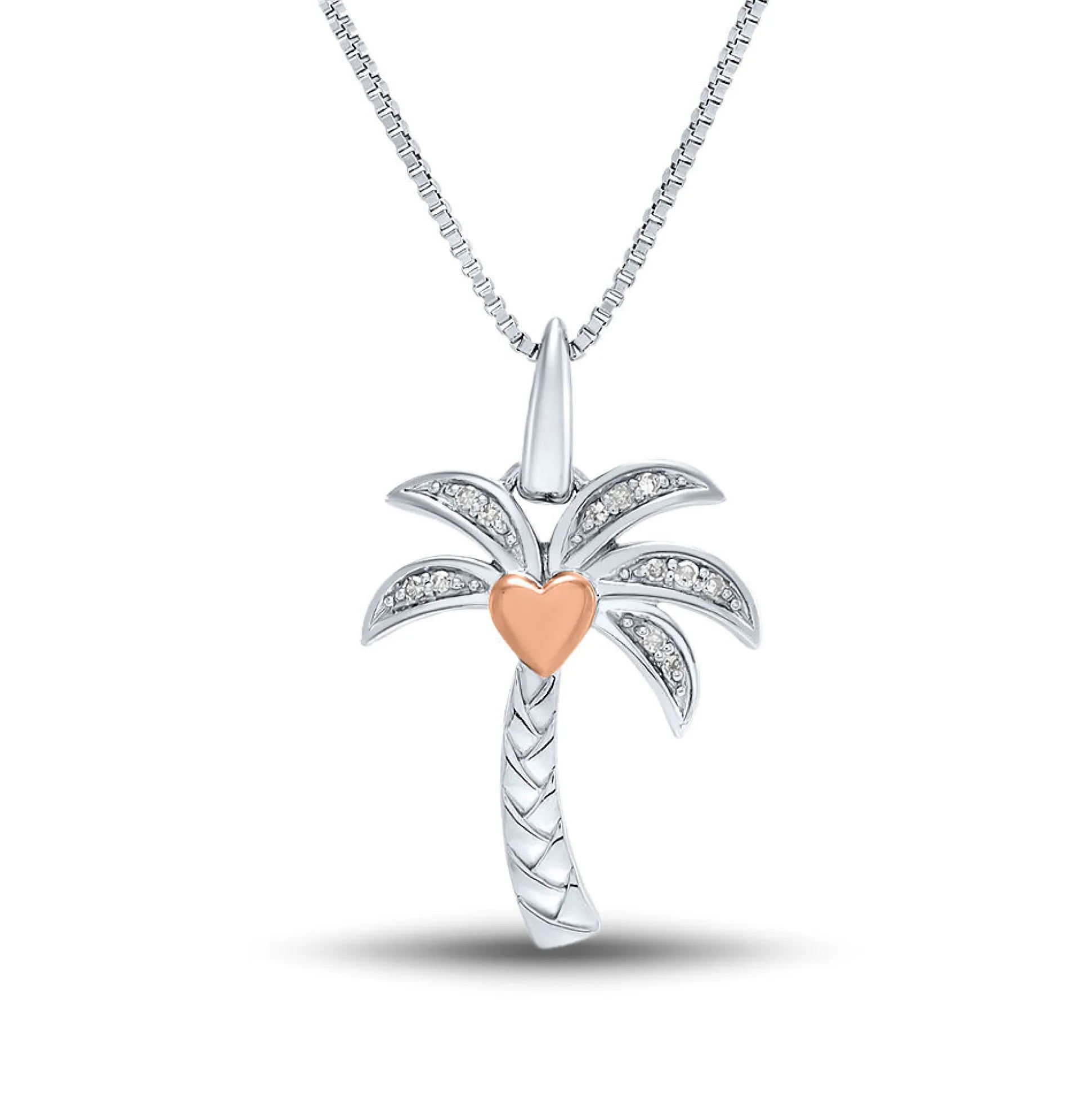 Diamond Palm Tree Pendant With Heart Accent In Sterling Silver & 14K Rose Gold