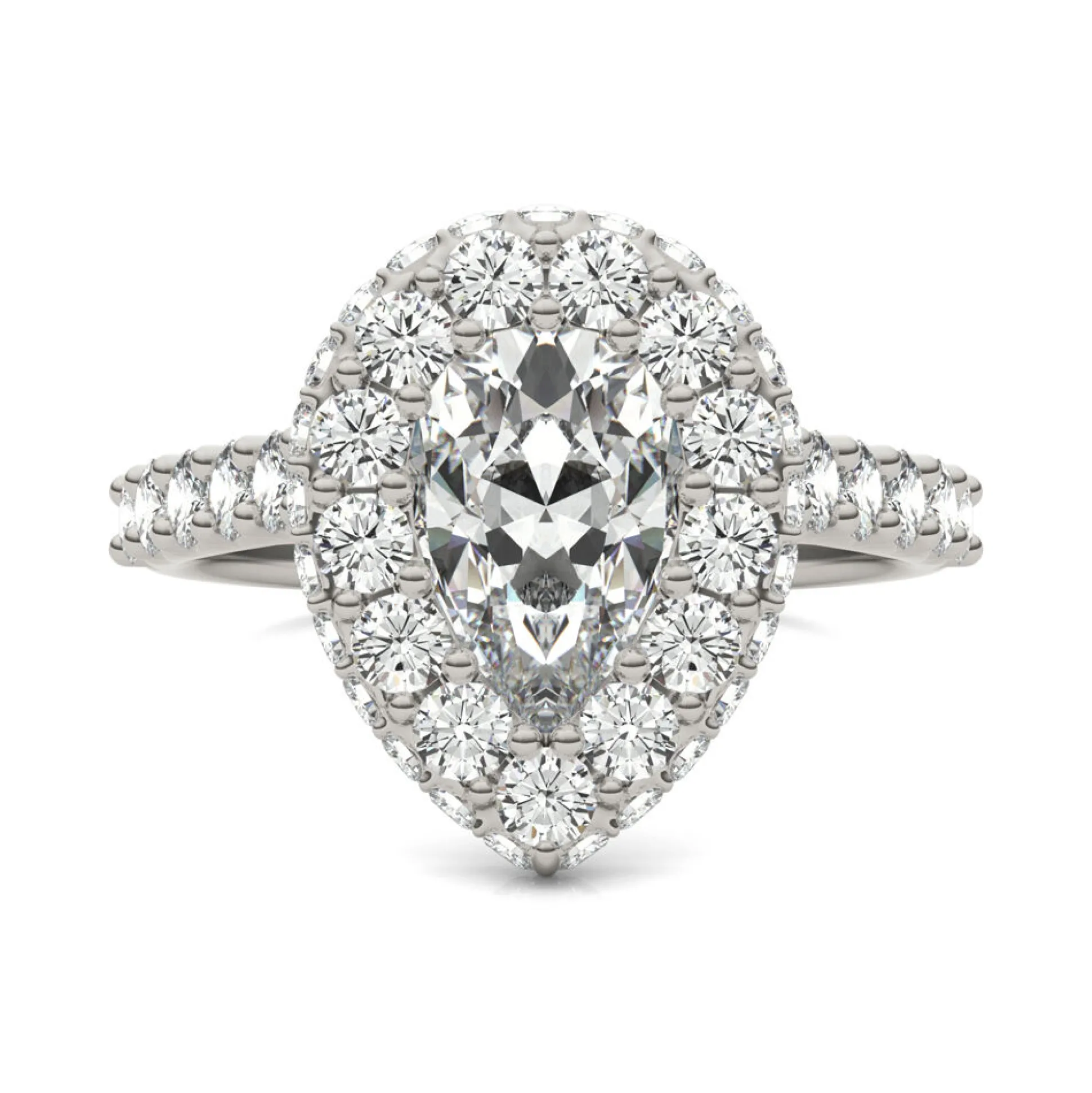 Lab Created Moissanite Pear-Shaped Halo Ring In 14K White And Rose Gold