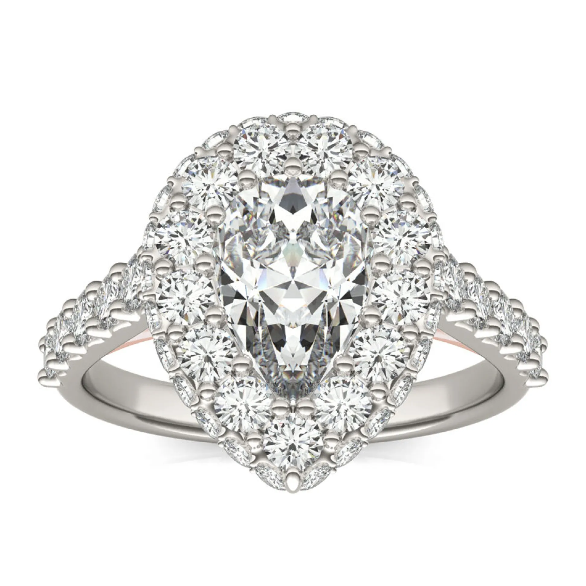 Lab Created Moissanite Pear-Shaped Halo Ring In 14K White And Rose Gold