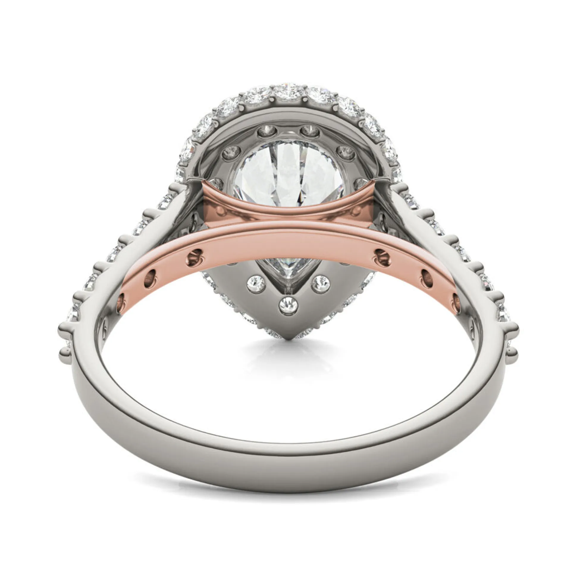 Lab Created Moissanite Pear-Shaped Halo Ring In 14K White And Rose Gold