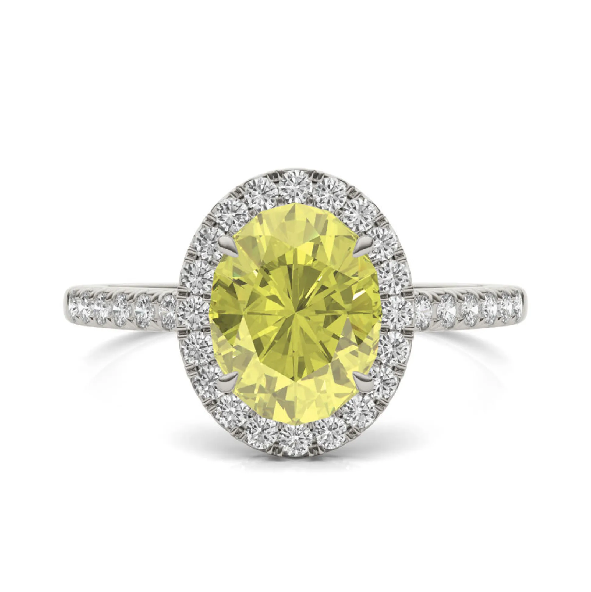 Oval Yellow Moissanite Halo Ring In 14K White Gold