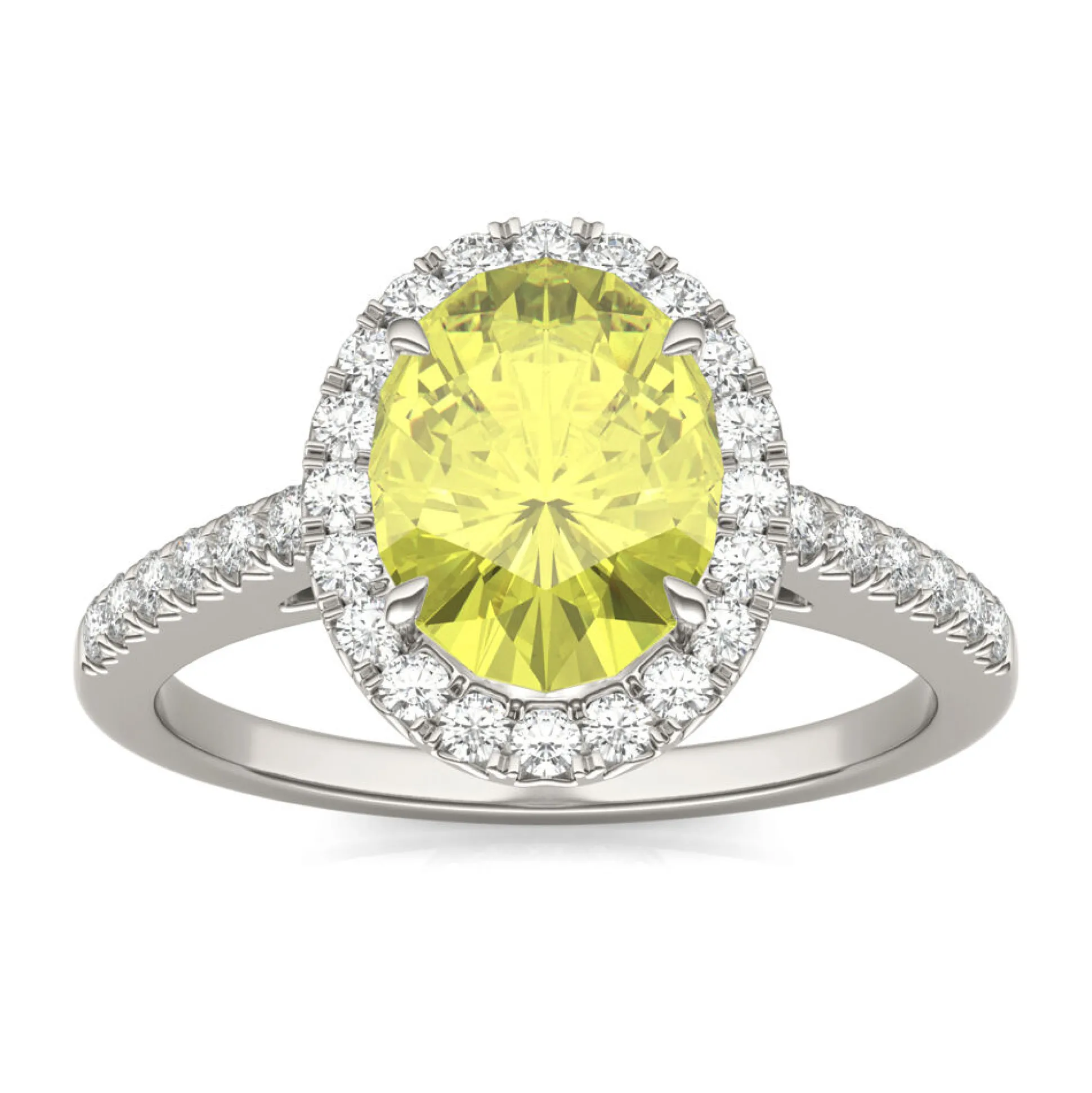 Oval Yellow Moissanite Halo Ring In 14K White Gold