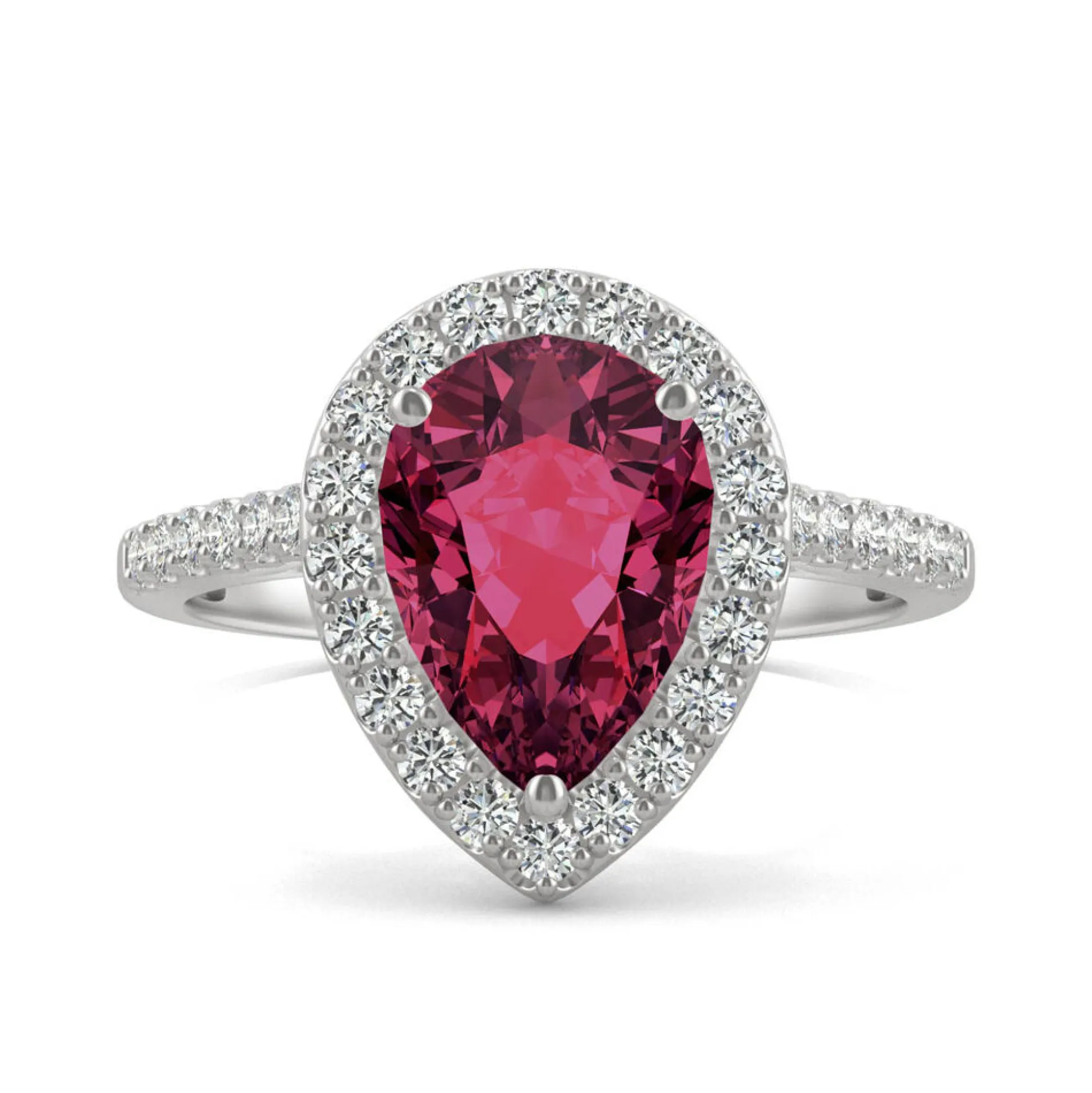 Pear-Shaped Lab Created Ruby & Moissanite Halo Ring In 14K White Gold