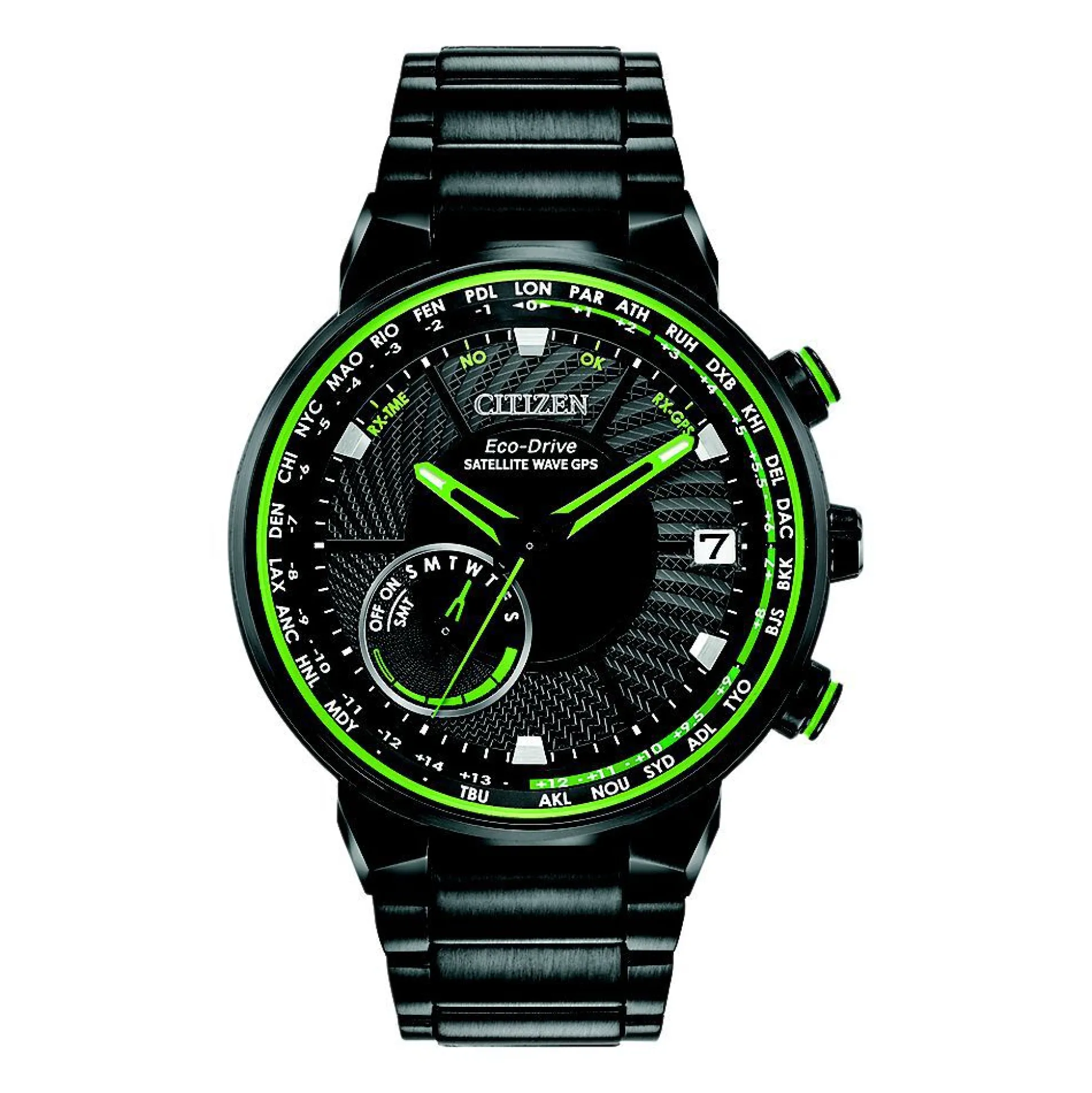 Satellite Wave Gps Freedom Green Men's Watch In Black Ion-Plated Stainless Steel