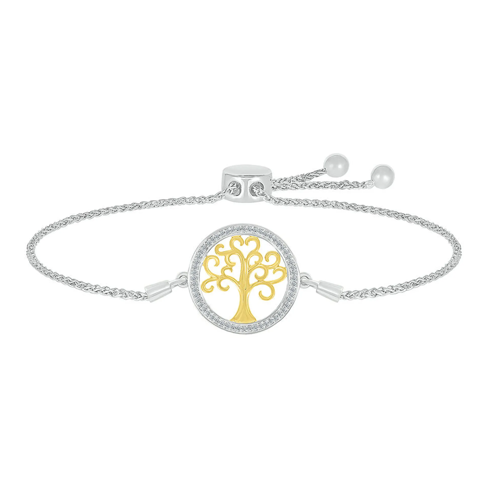 Tree Of Life Bolo Bracelet With Diamonds In Sterling Silver & 10K Yellow Gold (1/8 Ct. Tw.)