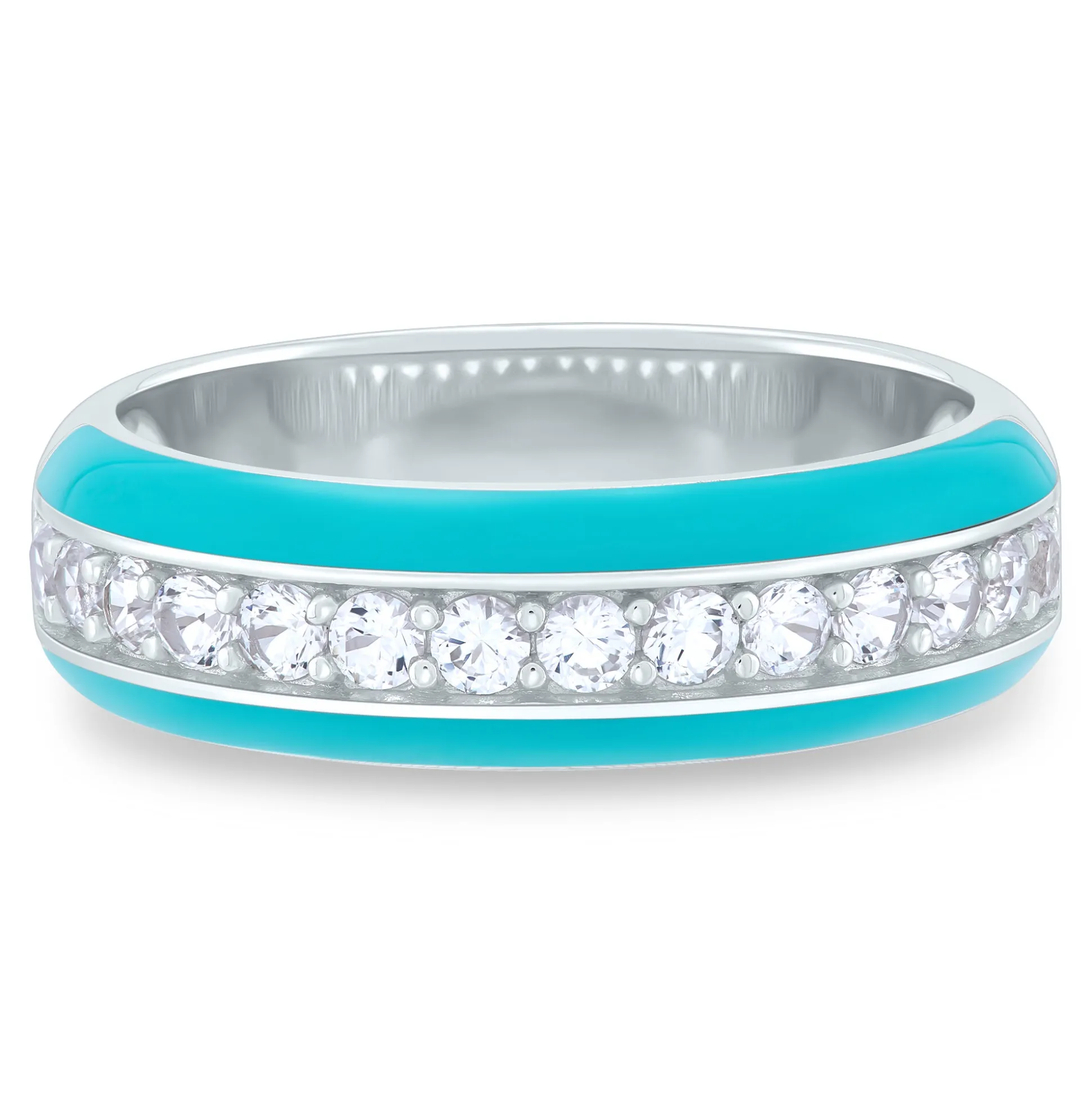 Turquoise Enamel And Lab Created White Sapphire Stack Band In Sterling Silver